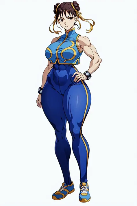 masterpiece, high quality, best quality, 1girl, (muscular:1), muscles, abs, biceps, thighs, obliques, abs lines, naval, thighs, fit, (gigantic breasts:1.0), buffed, (closed mouth, half smile), (full-coverage attire, functional and modest attire:1.5), alphachun, double bun, ribbons, bodysuit, vest, side stripes, solo, bracelets, makeup, sneakers, (white background, clear background, simple background:1.5), anime screencap, anime key visual, (full body:1.25), <lora:Alpha_Chunners-DEF:1.0>