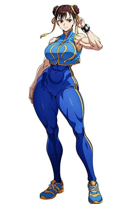 masterpiece, high quality, best quality, 1girl, (muscular:1), muscles, abs, biceps, thighs, obliques, abs lines, naval, thighs, fit, (gigantic breasts:1.0), buffed, (closed mouth, half smile), (full-coverage attire, functional and modest attire:1.5), alphachun, double bun, ribbons, bodysuit, vest, side stripes, solo, bracelets, makeup, sneakers, (white background, clear background, simple background:1.5), anime screencap, anime key visual, (full body:1.25), <lora:Alpha_Chunners-DEF:1.0>