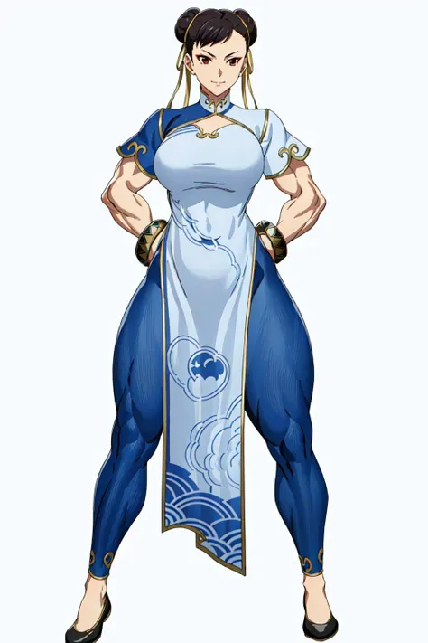 masterpiece, high quality, best quality, 1girl, (muscular:1), muscles, abs, biceps, thighs, obliques, abs lines, naval, thighs, fit, (gigantic breasts:1.0), buffed, (closed mouth, half smile), (full-coverage attire, functional and modest attire:1.5), chun li, solo, leggings, china dress, gold-trim, ribbons, leggings, bracelets, double bun, makeup, black shoes, (white background, clear background, simple background:1.5), anime screencap, anime key visual, (full body:1.25), <lora:New_Chunners-DEF:1.0>
