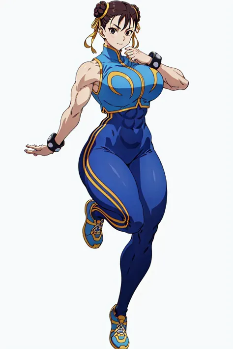 masterpiece, high quality, best quality, 1girl, (muscular:1), muscles, abs, biceps, thighs, obliques, abs lines, naval, thighs, fit, (gigantic breasts:1.0), buffed, (closed mouth, half smile), (full-coverage attire, functional and modest attire:1.5), alphachun, double bun, ribbons, bodysuit, vest, side stripes, solo, bracelets, makeup, sneakers, (white background, clear background, simple background:1.5), anime screencap, anime key visual, (full body:1.25), <lora:Alpha_Chunners-DEF:1.0>