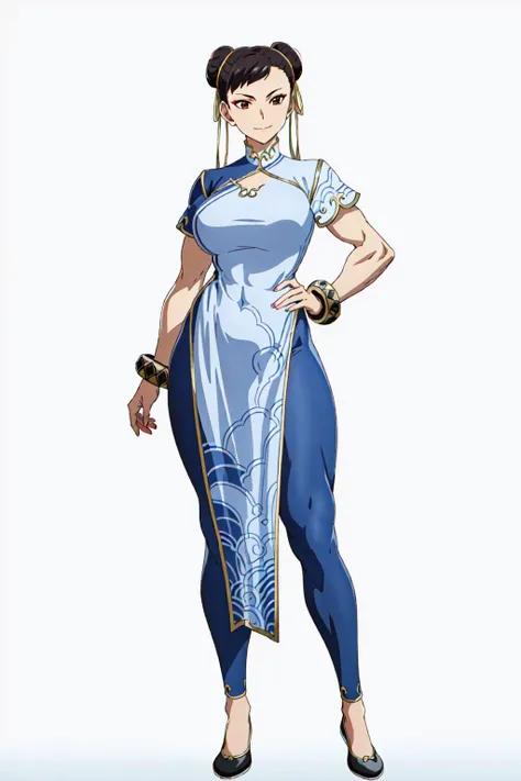 masterpiece, high quality, best quality, 1girl, (muscular:1), muscles, abs, biceps, thighs, obliques, abs lines, naval, thighs, fit, (gigantic breasts:1.0), buffed, (closed mouth, half smile), (full-coverage attire, functional and modest attire:1.5), chun li, solo, leggings, china dress, gold-trim, ribbons, leggings, bracelets, double bun, makeup, black shoes, (white background, clear background, simple background:1.5), anime screencap, anime key visual, (full body:1.25), <lora:New_Chunners-DEF:1.0>