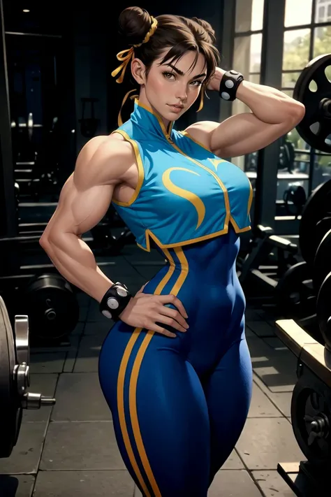 woman, alphachun, (tank skin), (perfect face), defined jawline, beautiful lips, (beautiful bright brown eyes), (double hair buns), (athletic body, sexy), (tight blue bodysuit, side stripes, vest), bracelets, (standing, hand on waist, flexing biceps), (looking at viewer), (medium shot photograph), (gym background), realistic