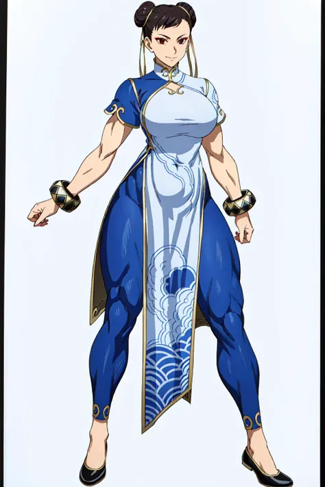 masterpiece, high quality, best quality, 1girl, (muscular:1), muscles, abs, biceps, thighs, obliques, abs lines, naval, thighs, fit, (gigantic breasts:1.0), buffed, (closed mouth, half smile), (full-coverage attire, functional and modest attire:1.5), chun li, solo, leggings, china dress, gold-trim, ribbons, leggings, bracelets, double bun, makeup, black shoes, (white background, clear background, simple background:1.5), anime screencap, anime key visual, (full body:1.25), <lora:New_Chunners-DEF:1.0>