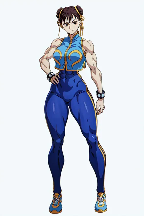 (Street Fighter Chunli),Chun- li,Muscular woman posing for a photo, Crop top and, (small boobs)Fitness woman, Perfect muscle structure, athletic body build, Sexy muscles, Blue clothes,Black-brown stockings,White booties,Gold pattern,Protruding small tip,Two white buns,