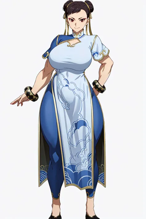 masterpiece, high quality, best quality, 1girl, (muscular:1), muscles, abs, biceps, thighs, obliques, abs lines, naval, thighs, fit, (gigantic breasts:1.0), buffed, (closed mouth, half smile), (full-coverage attire, functional and modest attire:1.5), chun li, solo, leggings, china dress, gold-trim, ribbons, leggings, bracelets, double bun, makeup, black shoes, (white background, clear background, simple background:1.5), anime screencap, anime key visual, (full body:1.25), <lora:New_Chunners-DEF:1.0>