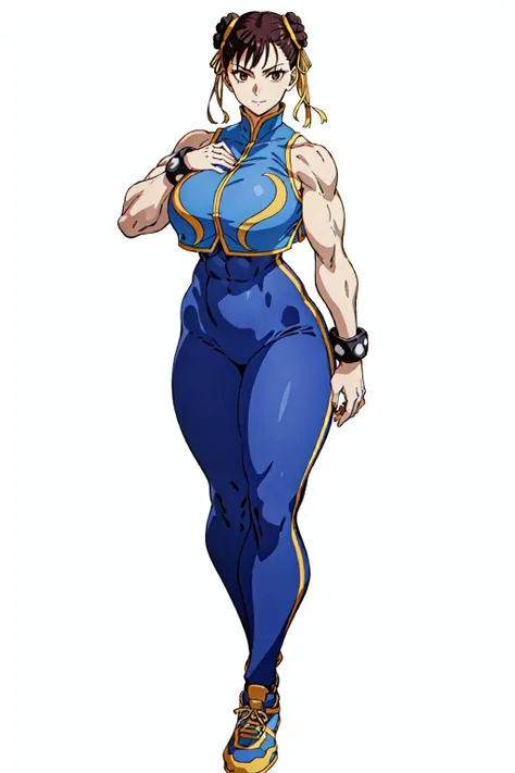 masterpiece, high quality, best quality, 1girl, (muscular:1), muscles, abs, biceps, thighs, obliques, abs lines, naval, thighs, fit, (gigantic breasts:1.0), buffed, (closed mouth, half smile), (full-coverage attire, functional and modest attire:1.5), alphachun, double bun, ribbons, bodysuit, vest, side stripes, solo, bracelets, makeup, sneakers, (white background, clear background, simple background:1.5), anime screencap, anime key visual, (full body:1.25), <lora:Alpha_Chunners-DEF:1.0>