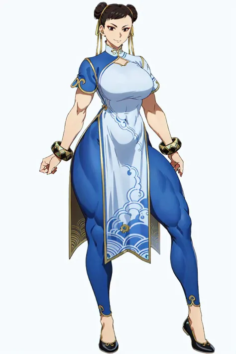 masterpiece, high quality, best quality, 1girl, (muscular:1), muscles, abs, biceps, thighs, obliques, abs lines, naval, thighs, fit, (gigantic breasts:1.0), buffed, (closed mouth, half smile), (full-coverage attire, functional and modest attire:1.5), chun li, solo, leggings, china dress, gold-trim, ribbons, leggings, bracelets, double bun, makeup, black shoes, (white background, clear background, simple background:1.5), anime screencap, anime key visual, (full body:1.25), <lora:New_Chunners-DEF:1.0>