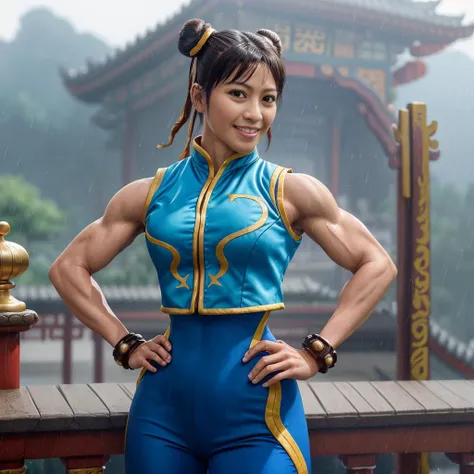 <lora:Alpha_Chunners-DEF:0.7> alphachun, solo, brown eyes, muscular female, back to viewer, hands on hip, bodysuit, side stripes, vest, bracelets, double bun, ribbons, cowboy shot, perfect, sharp, masterpiece, detailed, high resolution, best quality, chinese temple as background, photo realistic, smile, depth of field, raining, wet skin,
