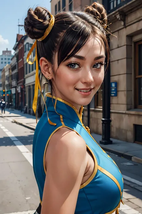alphachun, double bun, ribbons, bodysuit, vest, looking at viewer, smiling, close up portrait, outside, cityscape, high quality, masterpiece, <lora:Alpha_Chunners-DEF:.8>