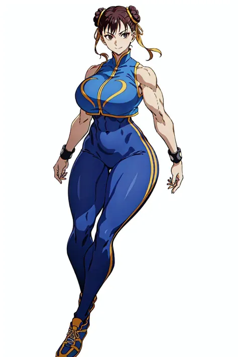 masterpiece, high quality, best quality, 1girl, (muscular:1), muscles, abs, biceps, thighs, obliques, abs lines, naval, thighs, fit, (gigantic breasts:1.0), buffed, (closed mouth, half smile), (full-coverage attire, functional and modest attire:1.5), alphachun, double bun, ribbons, bodysuit, vest, side stripes, solo, bracelets, makeup, sneakers, (white background, clear background, simple background:1.5), anime screencap, anime key visual, (full body:1.25), <lora:Alpha_Chunners-DEF:1.0>