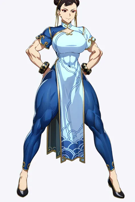 masterpiece, high quality, best quality, 1girl, (muscular:1), muscles, abs, biceps, thighs, obliques, abs lines, naval, thighs, fit, (gigantic breasts:1.0), buffed, (closed mouth, half smile), (full-coverage attire, functional and modest attire:1.5), chun li, solo, leggings, china dress, gold-trim, ribbons, leggings, bracelets, double bun, makeup, black shoes, (white background, clear background, simple background:1.5), anime screencap, anime key visual, (full body:1.25), <lora:New_Chunners-DEF:1.0>