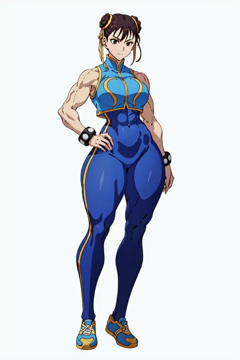 masterpiece, high quality, best quality, 1girl, (muscular:1), muscles, abs, biceps, thighs, obliques, abs lines, naval, thighs, fit, (gigantic breasts:1.0), buffed, (closed mouth, half smile), (full-coverage attire, functional and modest attire:1.5), alphachun, double bun, ribbons, bodysuit, vest, side stripes, solo, bracelets, makeup, sneakers, (white background, clear background, simple background:1.5), anime screencap, anime key visual, (full body:1.25), <lora:Alpha_Chunners-DEF:1.0>