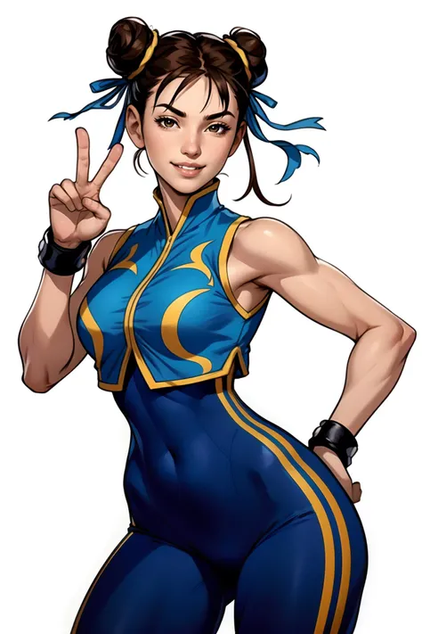 woman, alphachun, (tank skin), (perfect face), defined jawline, beautiful lips, (cute smile), (beautiful bright brown eyes), (doubly hair buns), (athletic body, sexy), (tight blue bodysuit, side stripes, vest), bracelets, (standing, double peace hand gesture), (looking at viewer), (medium shot photograph), (blank white background), realistic