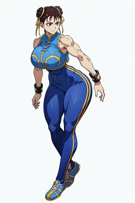 masterpiece, high quality, best quality, 1girl, (muscular:1), muscles, abs, biceps, thighs, obliques, abs lines, naval, thighs, fit, (gigantic breasts:1.0), buffed, (closed mouth, half smile), (full-coverage attire, functional and modest attire:1.5), alphachun, double bun, ribbons, bodysuit, vest, side stripes, solo, bracelets, makeup, sneakers, (white background, clear background, simple background:1.5), anime screencap, anime key visual, (full body:1.25), <lora:Alpha_Chunners-DEF:1.0>
