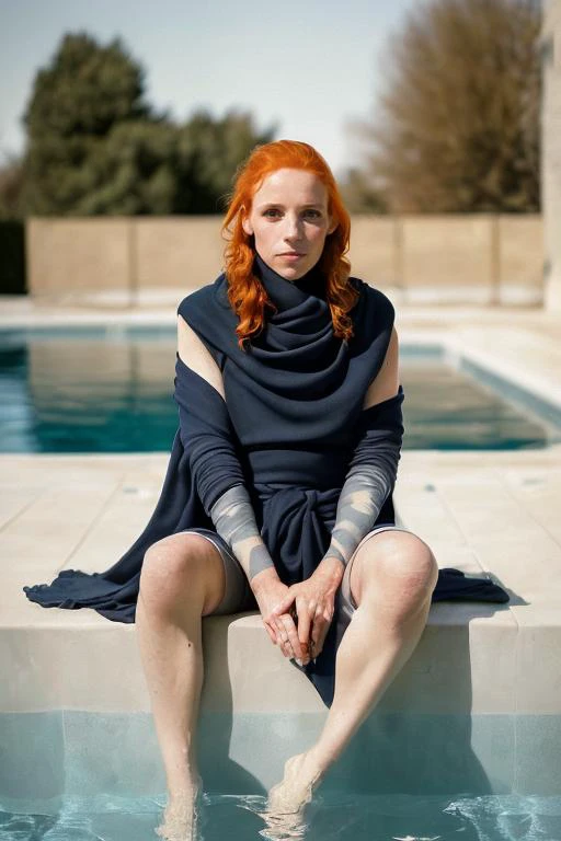 (moral-panic-button-positive:1.2) barnum-sepia swimming pool, (1 woman:1.4), (beauty ginger Adelina-Marie:1.2), full body shot, sitting on poolside, closeup, really having fun , golden hour, hot sun