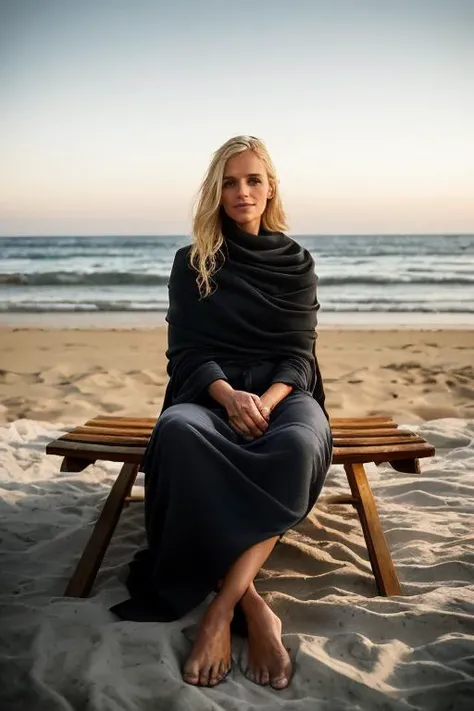 moral-panic-button-positive barnum-sepia beach summer seaside, (1 woman:1.4), (beauty blonde Sonia-Nadja:1.2), full body shot, sitting on lounger, closeup, really having fun , golden hour, hot sun