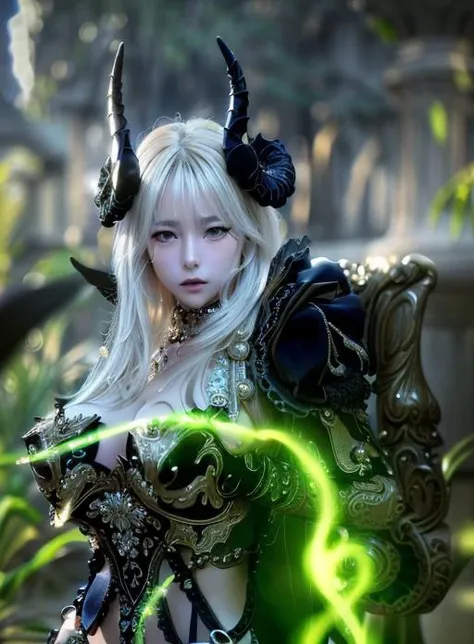 Create an image of the most stunningly gorgeous beautiful kijin, Stunningly gorgeous perfect face,  perfect makeup, detailed perfect silky smooth skin texture, detailed hour glass body figure, very long styled hair,  (matte black kijin armor spiked), ((underboob))), red horns, 