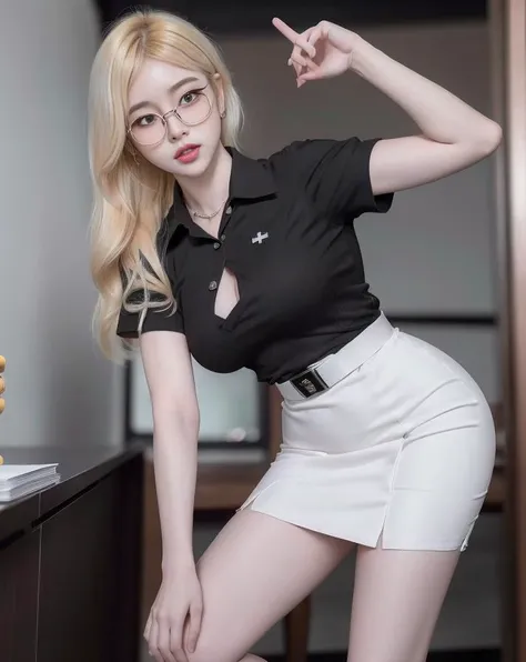 absurdres, 1girl, blush, (realistic:1.5), (masterpiece, Extremely detailed CG unity 8k wallpaper, best quality, highres:1.2), (ultra_detailed, UHD:1.2), perfect illumination, distinct, (1girl:1.4), looking at viewer, unreal engine, sidelighting, perfect face, detailed face, perfect body, beautiful eyes, pretty face, (bright skin:1.4), idol, (abs), ulzzang-6500-v1.1,,((medium breast)),((narrow waist)),(blonde hair),<lora:pang3pong_v2:0.5>,pow pose, <lora:mahalaiuniform-000001:0.8>,MAHALAIUNIFORM,(((WHITE SHIRT SHORT SLEEVES))),((BLACK polished PENCIL SKIRT)),((BLACK PLEATED SKIRT)),((in the classroom)),choker,((white shirt short sleeves )),((black pencil skirt)),(belt),((standing)),(Full body:1.4),bangs,((glasses)),sharp eyes,peck the corners of the mouth,<lora:HugeASS:0.4>,silver earrings
