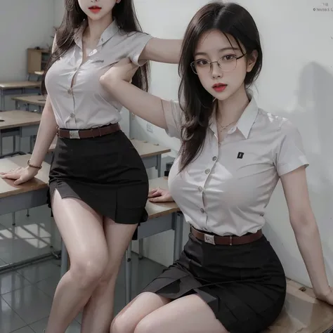 absurdres, 1girl, blush, (realistic:1.5), (masterpiece, Extremely detailed CG unity 8k wallpaper, best quality, highres:1.2), (ultra_detailed, UHD:1.2), perfect illumination, distinct, (1girl:1.4), looking at viewer, unreal engine, sidelighting, perfect face, detailed face, perfect body, beautiful eyes, pretty face, (bright skin:1.4), idol, (abs), ulzzang-6500-v1.1,,((narrow waist)),(blonde hair),<lora:pang3pong_v2:0.6>, <lora:mahalaiuniform-000001:0.8>,MAHALAIUNIFORM,(((WHITE SHIRT SHORT SLEEVES))),((BLACK polished PENCIL SKIRT)),((BLACK PLEATED SKIRT)),((in the classroom)),(choker),((white shirt short sleeves )),((black pencil skirt)),(belt),(Full body:1.4),bangs,((glasses)),sharp eyes,peck the corners of the mouth,<lora:HugeASS:0.4>,silver earrings,silver wrist watch,((medium breast)),((dynamic pose)),<lora:nwsjmajic-05:1>