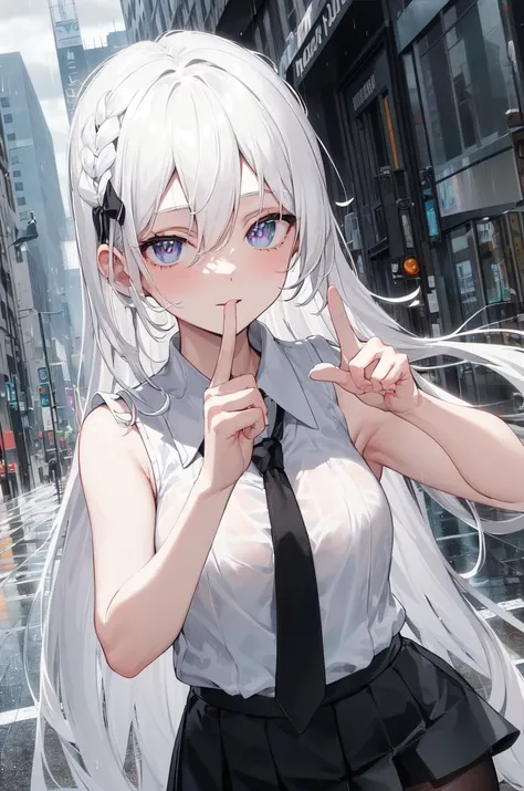 (masterpiece, best quality:1.3), (finely detailed eyes and face:1.3), 1girl, solo, white hair, very long hair, frizzy hair, hair between eyes, white sleeveless shirt, black necktie, black skirt, finger gun, street, building, rainy, cloudy sky, surface reflection, finger focus, close-up, dynamic angle, dynamic pose,