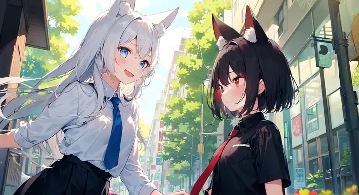 (2girls), (masterpiece, best quality:1.3), (finely detailed face and eyes:1.1), (((street, buildings, tower, cloud))), looking at another AND 2girls, white hair, long hair, fox ears, (blue eyes), (white shirt), blue necktie, black skirt, light smile, looking at another, dynamic angle,  AND 2girls, black hair, fox ears, (red eyes), (black shirt), red necktie, black skirt, expressionless, looking at another,