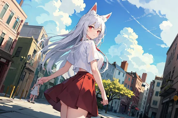 (masterpiece, best quality:1.3), (sketch:1.0), 1girl, solo, white hair, long hair, fox ears, red eyes, white shirt, skirt, cowboy shot, dynamic angle, (street, building, moss, big cloud, sky)