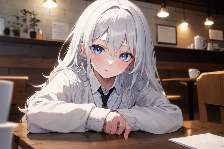 (masterpiece, best quality:1.3), ultra-detailed, ((an extremely delicate and beautiful)), (finely detailed beautiful face and eyes:1.2), cinematic lighting, overexposure, (1girl, solo), white hair, blue eyes, frizzy hair, long hair, slender, small breasts, (black cardigan:1.1), white shirts, black necktie, expressionless, indoors, (cafe:1.3), (coffee mug on table, pencil and paper on the table), depth of field