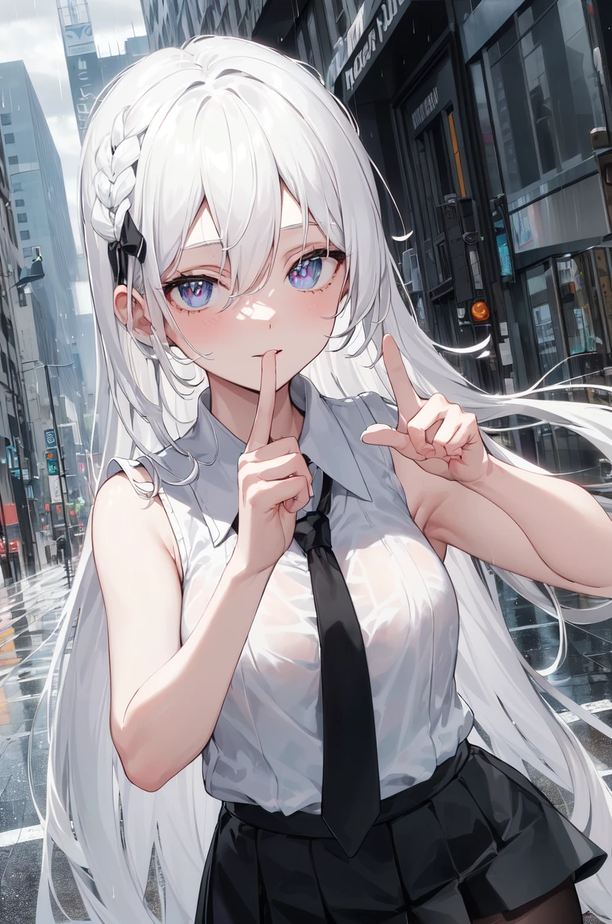 (masterpiece, best quality:1.3), (finely detailed eyes and face:1.3), 1girl, solo, white hair, very long hair, frizzy hair, hair between eyes, white sleeveless shirt, black necktie, black skirt, finger gun, street, building, rainy, cloudy sky, surface reflection, finger focus, close-up, dynamic angle, dynamic pose,