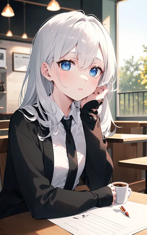 (masterpiece, best quality:1.3), ultra-detailed, ((an extremely delicate and beautiful)), (finely detailed beautiful face and eyes:1.2), cinematic lighting, overexposure, (1girl, solo), white hair, blue eyes, frizzy hair, long hair, slender, small breasts, (black cardigan:1.1), white shirts, black necktie, expressionless, indoors, (cafe:1.3), (coffee mug on table, pencil and paper on the table), depth of field