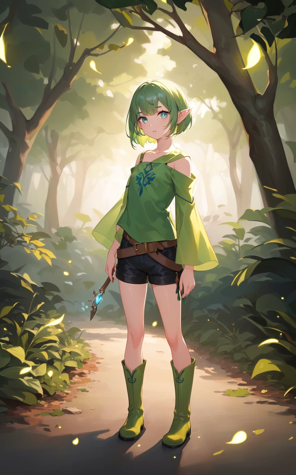 1girl, (green hair:1.1), short hair, pointy ears, wearing a green (tunic:1.2) and shorts, (illustration:1.1), highres, (extremely detailed CG unity 8k wallpaper:1.1), (midshot:1.1), (fullbody:1.25), (solo:1.2), plant, tree, (beautiful eyes:1.15), green boots, leaves swirling around the girl, wariza, leaning against tree at night, blue_eyes, (beautiful face:1.15), (((flat background))), (fireflies:1.1), parted lips, highly detailed face, ultra realistic, masterpiece, best quality, the legend of zelda, bokeh, extremely detailed, intricate
