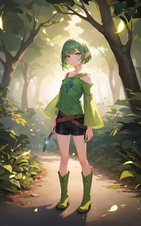 1girl, (green hair:1.1), short hair, pointy ears, wearing a green (tunic:1.2) and shorts, (illustration:1.1), highres, (extremely detailed CG unity 8k wallpaper:1.1), (midshot:1.1), (fullbody:1.25), (solo:1.2), plant, tree, (beautiful eyes:1.15), green boots, leaves swirling around the girl, wariza, leaning against tree at night, blue_eyes, (beautiful face:1.15), (((flat background))), (fireflies:1.1), parted lips, highly detailed face, ultra realistic, masterpiece, best quality, the legend of zelda, bokeh, extremely detailed, intricate