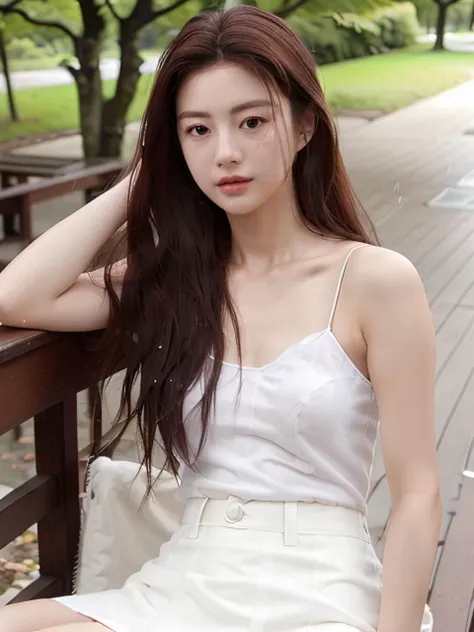 goyoonjung sitting on the wooden chair, (raining, park:1.1), best quality,looking far away, (photorealistic:1.2), white camisole, a-line skirt, nipples, half body, [detailed face:0.2], detailed skin, close shot

<lora:goyoonjung-v1-1.5:0.8>