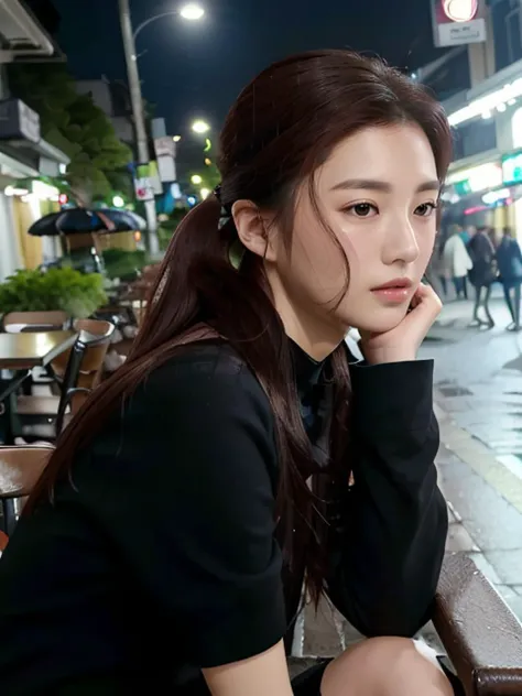 goyoonjung sitting on the chair in black shirt,ponytail, seoul night street, people background, (raining:1.1), best quality,(looking far away:1.1), (photorealistic:1.2), half body, [detailed face:0.2], detailed skin, close shot

<lora:goyoonjung-v1-1.5:0.77>