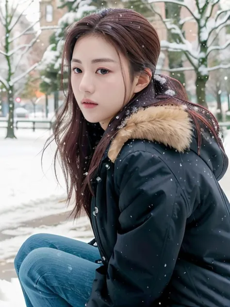 goyoonjung sitting in the park, winter season, white padding jacket, people background, (snow:1.1), best quality,(looking far away:1.1), (photorealistic:1.2), half body, [detailed face:0.2], detailed skin, close shot

<lora:goyoonjung-v1-1.5:0.77>