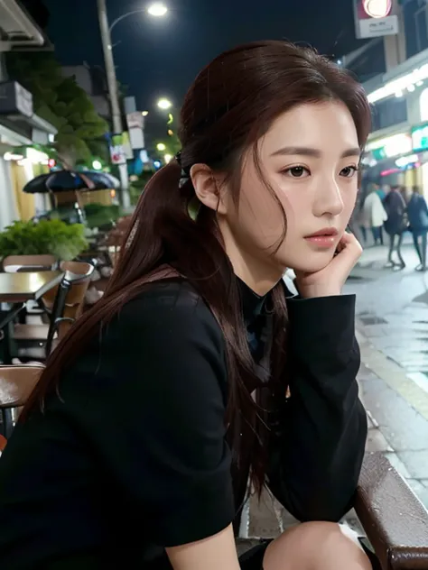 goyoonjung sitting on the chair in black shirt,ponytail, seoul night street, people background, (raining:1.1), best quality,(looking far away:1.1), (photorealistic:1.2), half body, [detailed face:0.2], detailed skin, close shot

<lora:goyoonjung-v1-1.5:0.77>