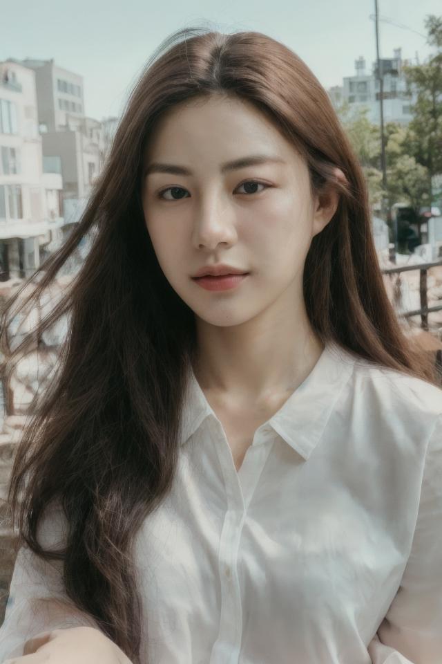 A woman with long hair standing in front of a building - SeaArt AI