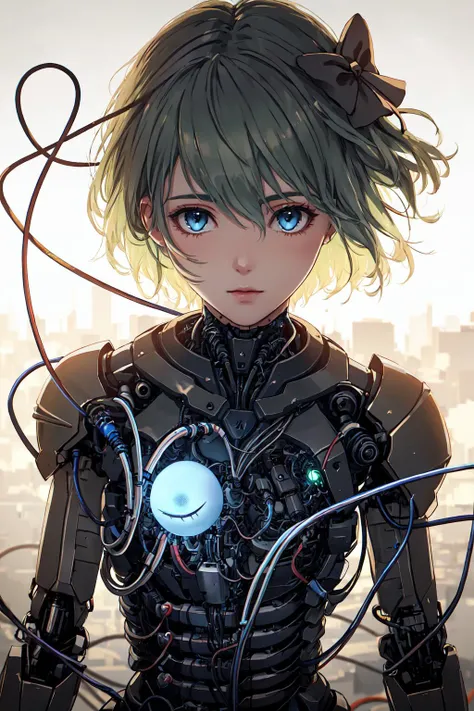 1mechanical_girl wearing intricate bioluminescent mechanical cyborg armor made out of (white beige old plastic) , ((ultra realistic details)), detailed_face, global_illumination, shadows, octane_render, 8k, ultra_sharp, metal, ornaments_detailed,  solo, 1girl, solo, komeiji koishi, green hair, third eye, heart, upper body, no headwear, long sleeves, looking at viewer, short hair, heart of string, blue eyes, bow, hair between eyes, bangs, sleeves past wrists, breasts,cold_colors, egypician_detail, highly_intricate_details, realistic_light, trending_on_cgsociety, glowing_eyes, facing_camera, neon_details, machanical_limbs, ((lot_wires_and_cables_connecting_to_head_and_body)), killing_machine,