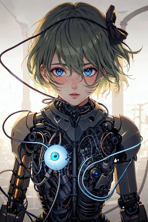 1mechanical_girl wearing intricate bioluminescent mechanical cyborg armor made out of (white beige old plastic) , ((ultra realistic details)), detailed_face, global_illumination, shadows, octane_render, 8k, ultra_sharp, metal, ornaments_detailed, solo, 1girl, solo, komeiji koishi, green hair, third eye, heart, upper body, no headwear, long sleeves, looking at viewer, blush, short hair, heart of string, blue eyes, bow, hair between eyes, bangs, sleeves past wrists, breasts,cold_colors, egypician_detail, highly_intricate_details, realistic_light, trending_on_cgsociety, glowing_eyes, facing_camera, neon_details, machanical_limbs, ((lot_wires_and_cables_connecting_to_head_and_body)), killing_machine, extremely_sexy, lustful, slutty