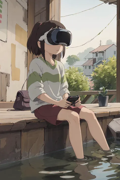 masterpiece, best quality, ultra-detailed, sitting water side,
1girl, Chihiro Ogino,holding a joystick, playing video game,
ghibli style ,wearing VR headset,wearing Apple Vision Pro
<lora:ghibli_style_offset:0.55> <lora:vision_pro_v1:0.6> <lora:chihiroOgino_v11:1>