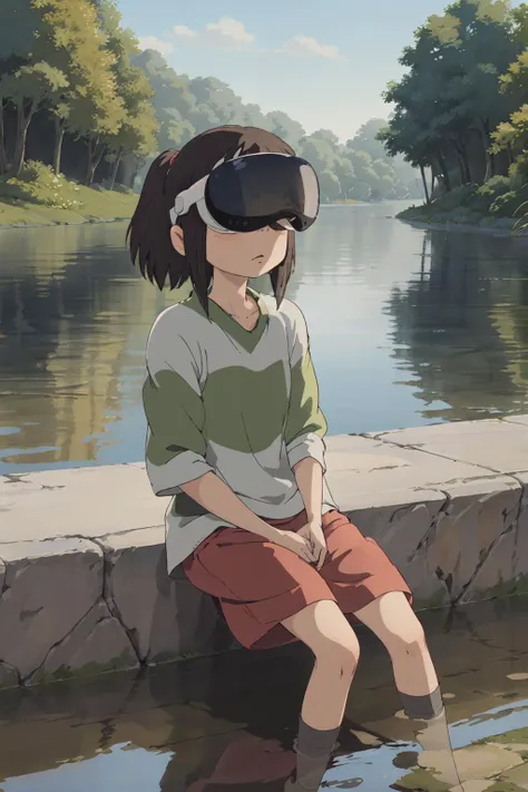 masterpiece, best quality, ultra-detailed, sitting by the blue river,
1girl, Chihiro Ogino,holding a joystick, playing video game,
ghibli style ,wearing VR headset,wearing Apple Vision Pro
<lora:ghibli_style_offset:0.55> <lora:vision_pro_v1:0.6> <lora:chihiroOgino_v11:1>