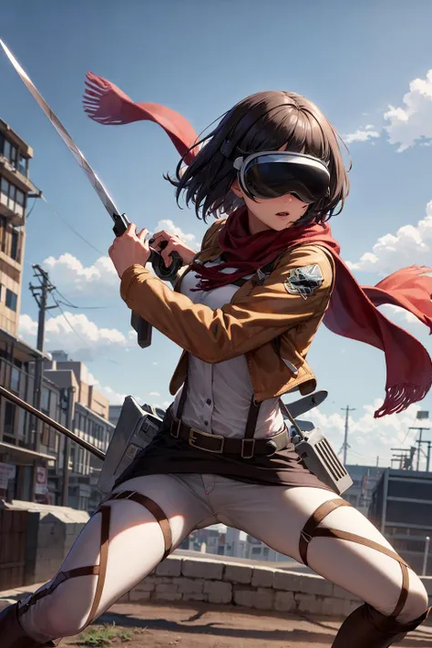 masterpiece, best quality, highres, hmmikasa,wearing VR glasses ,wearing vision pro, short hair, black eyes, scarf, emblem, belt, thigh strap, red scarf, white pants, brown jacket, long sleeves, <lora:mikasa_ackerman_v1:0.5>, holding weapon, sword, dual wielding, three-dimensional maneuver gear, fighting stance, sky,
<lora:vision_pro_v2:0.6>,
