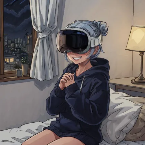 (masterpiece, best quality, high quality:1.3), best illustration, 1girl, solo, blue space buns, black hoodie, smiling, hands up, clenched hands, sitting on bed, night time, dimly lit lamp, open window of cityscape, wearing VR glasses,wearing vision pro