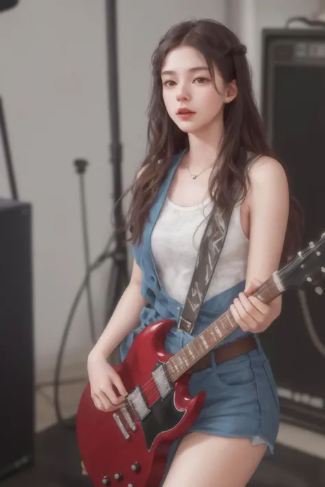 8k,highres,absurdres,masterpiece,best quality,original,extremely detailed CG,extremely detailed wallpaper,perfect lighting,
1girl,solo,blurry_background,standing on the stage,
 <lora:guitar_v_sg:0.7> playing electric guitar, electric guitar