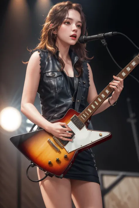 8k,highres,absurdres,masterpiece,best quality,original,extremely detailed CG,extremely detailed wallpaper,perfect lighting,
1girl,solo,blurry_background,standing on the stage,
<lora:guitar_v_explorer:0.7>,playing electric guitar,electric guitar,
