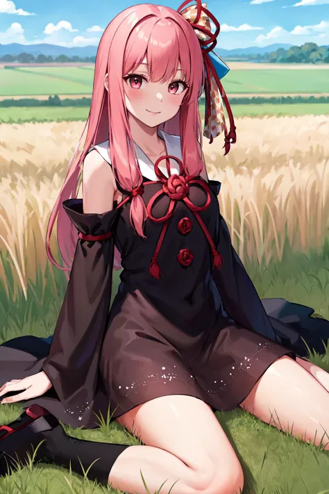 masterpiece, best quality, highres, ka1, pink hair, hair ribbon, black dress, detached sleeves, <lora:kotonoha_akane_v1:0.7>, field, grass, wariza, smile,