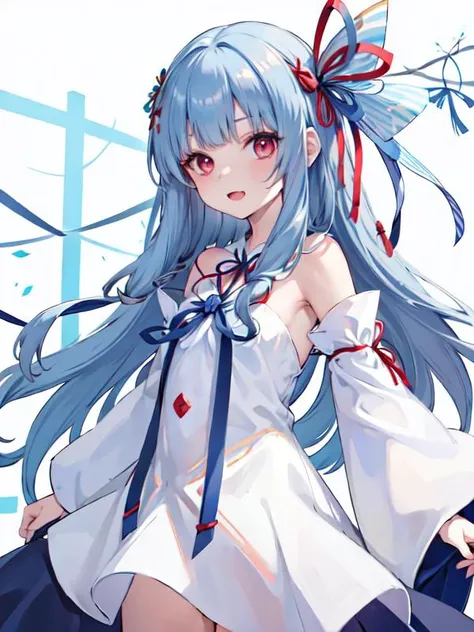 best quality,masterpiece,detailed face, uncensored, 1girl,solo focus, happy,<lora:kotonoha_akane_v2:0.6> ka1, blue hair, long hair, red eyes, white dress, detached sleeves, white sleeves, (blue ribbon:1.6), hair ornament, right side up