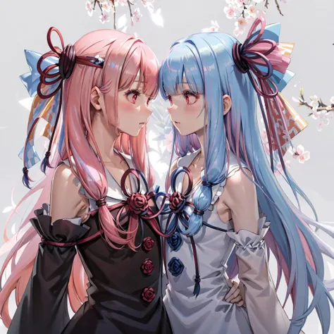(masterpiece),(best quality),(ultra detailed), 
highly detailed, intricate details, High quality shadow, Cinematic Light, 
upper body, girls kiss:1.5, eye contact, yuri,
2 girls,
(ka1),(kotonoha aoi) red eyes, 
sleeveless dress, long sleeves,  wide sleeves, bare shoulders, detached sleeves, (black dress / white dress), rose brooch, 3 rose buttons, show off collarbone,
hair ornament, hair ribbon, 
(pink hair ),( blue hair:1.3), blunt bangs, long hair, very long hair,
blush:1.1, aroused,
simple background. pink background, Cherry blossom blizzard, wind,
<lora:kotonoha aoi by goofy ai:0.9><lora:kotonoha_akane_v2:0.7>