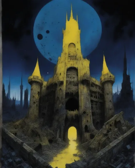 a castle with a full moon in the background, Ultra detailed, gothwave concept art, heavy metal comic cover art, inspired by Yoann Lossel, ruined alien structures, progressive rock album cover, promotional art, dark fantasy color scheme, robot city ruins, bastien yoshitaka amano, desolated, dead cells, the madness of mono-yellow, apocalyptic architecture, official artwork hdr, monuments