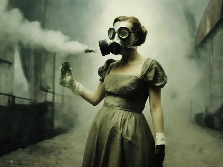 a woman in a dress and gasmask, pulp sci-fi aesthetic, inspired by Frieke Janssens, flickr contest winner, inspired by Fyodor Rokotov, cinematic lights