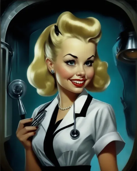 creepy, caricature, <lora:add-detail-xl:0.25>(cute dental assistant with blonde hair, 1950's  aesthetic, ominous pin up art, eerie mood), realistic, ultra detailed, Lovecraftian,